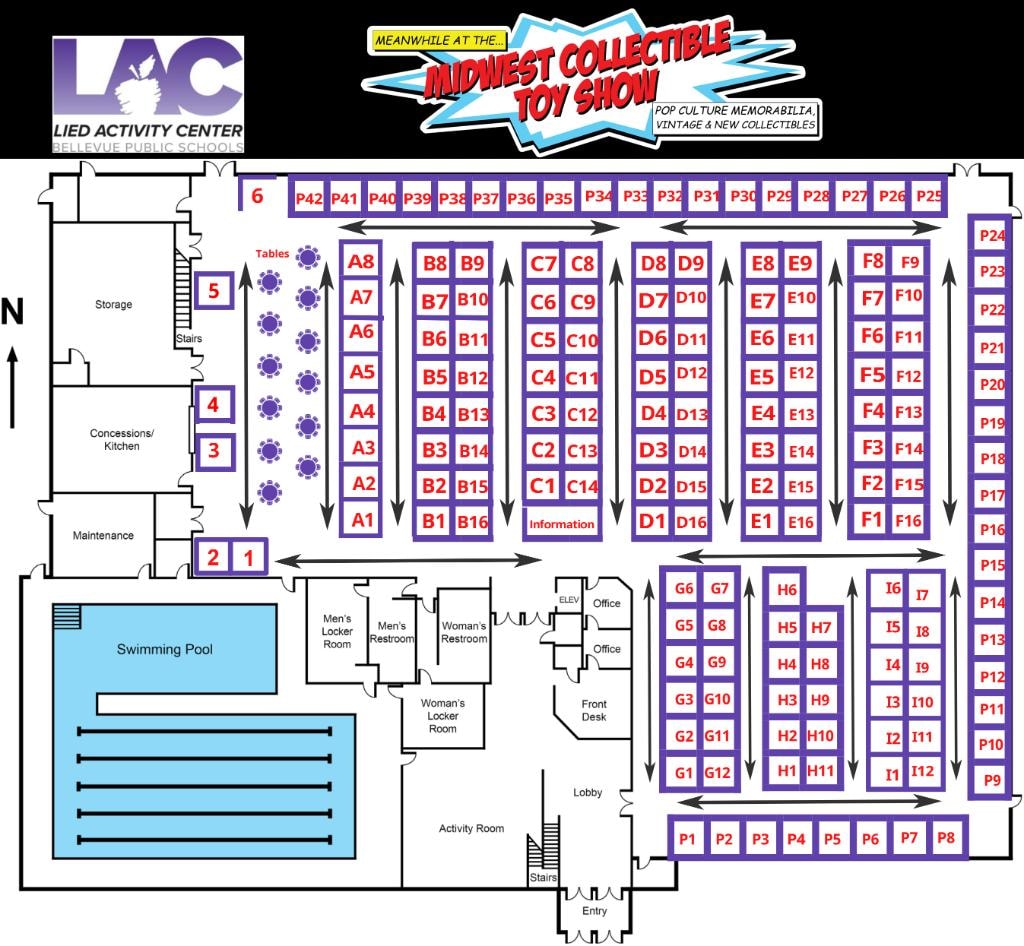 Lied Activity Center floor plan showing vendor space layout for the Midwest Collectible Toy Show